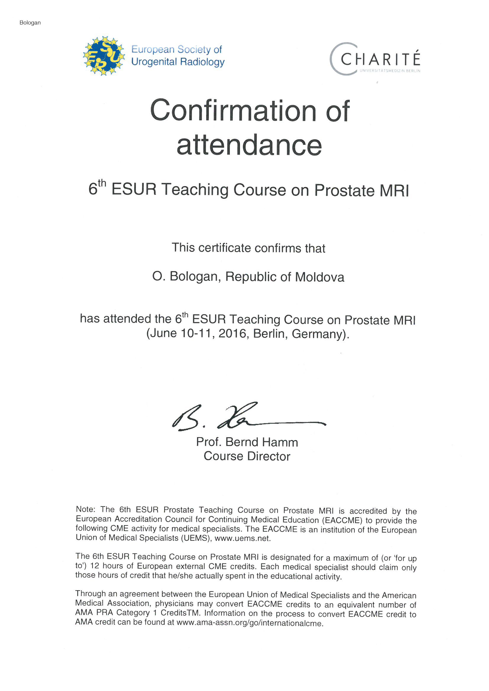 Dl. Oleg BOLOGAN a participat la Cursul medical PROSTATE MRI 6th ESUR