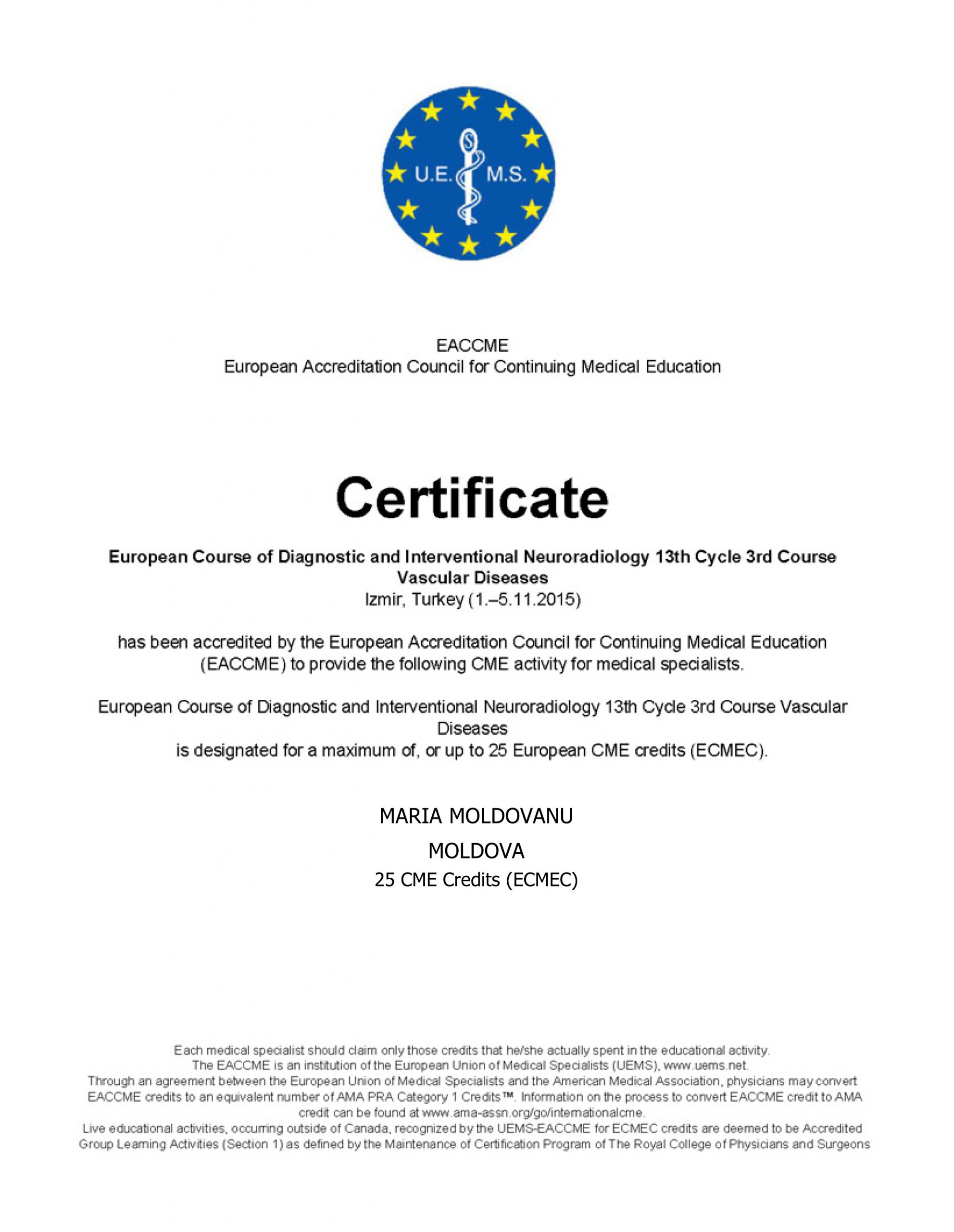 Dr. Maria Moldovanu a participat la Cursul European de Diagnostic în Neuroradiologie Perre Lasjaunias