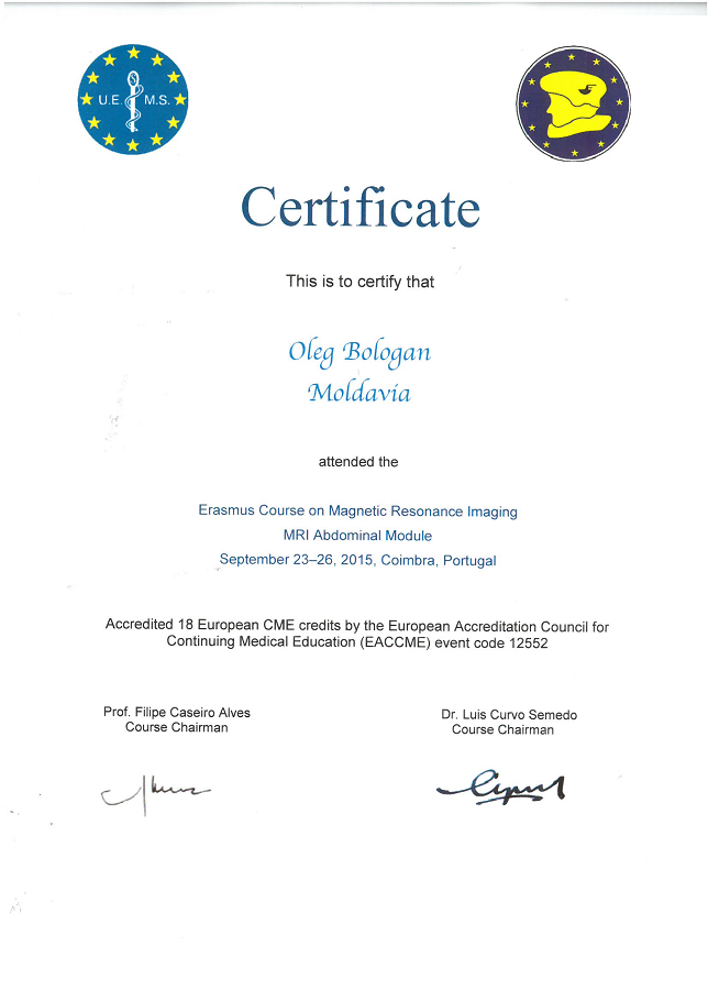 În perioada 23-26 septembrie 2015 medicul Oleg BOLOGAN a participat la cursul EMRI ERASMUS “MRI ABDOMINAL MODULE” organizat în oraşul Coimbra.